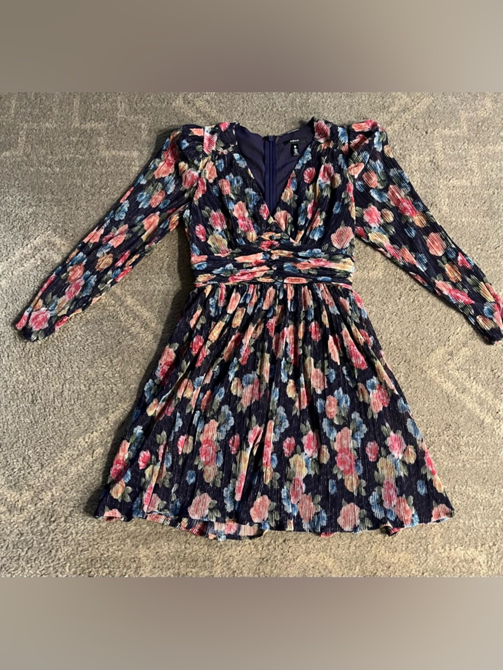 Aqua Navy Multicolor Floral Long Sleeve Pleated Dress